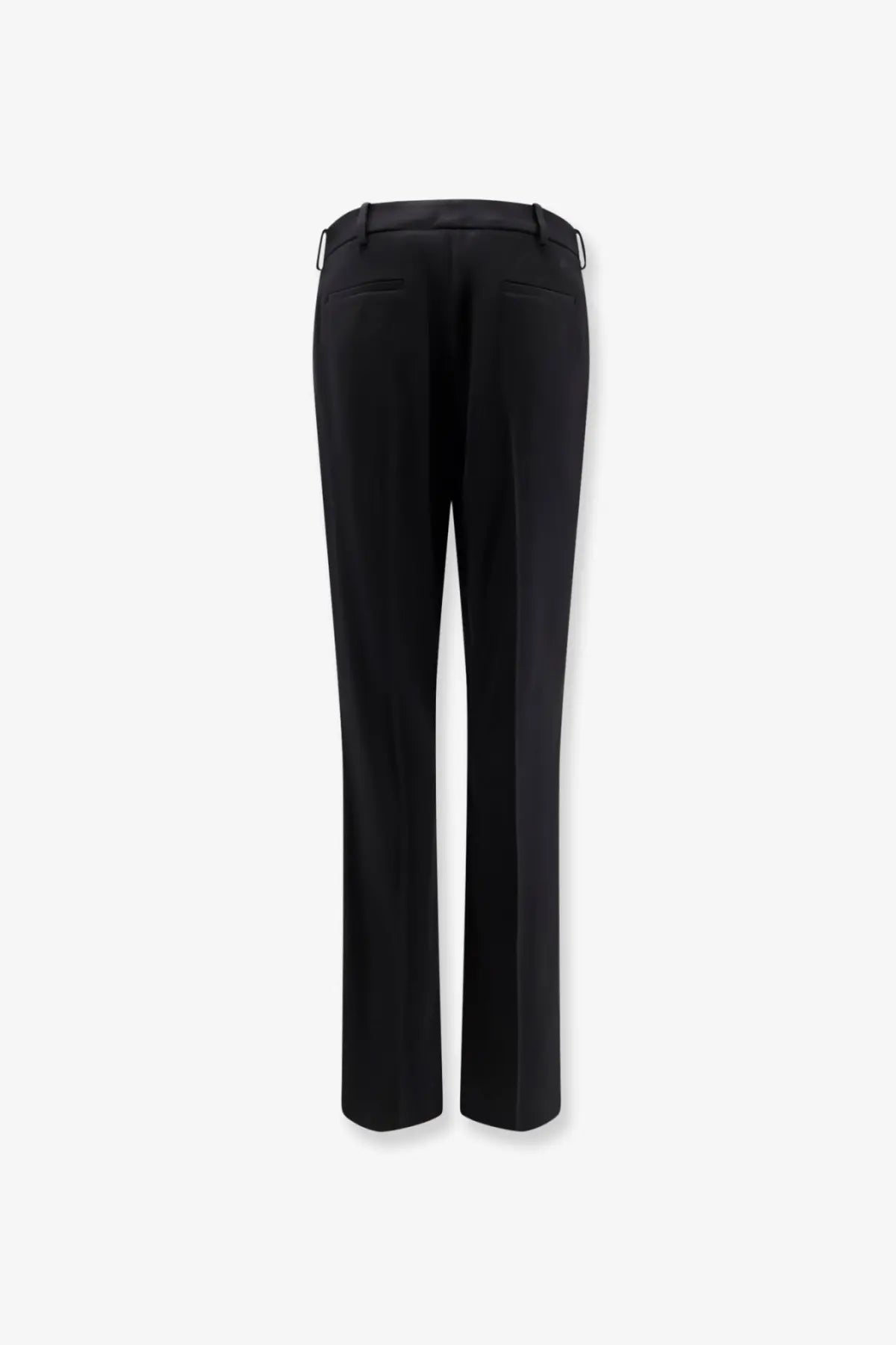 Balenciaga women’s slim tailored black wool trousers with straight-leg cut and subtle back pleats shown from rear view