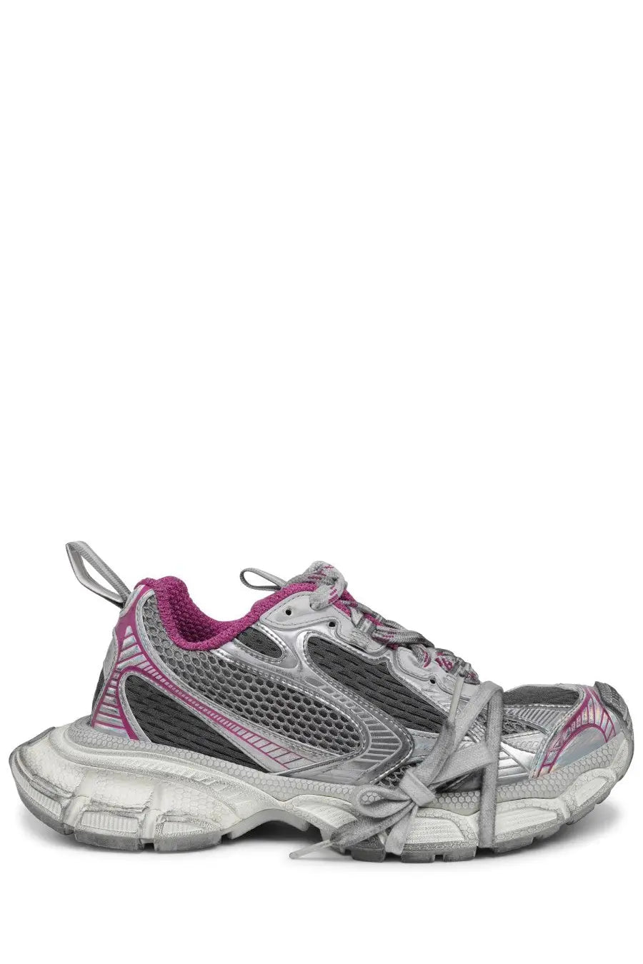 Balenciaga women’s sneaker 3xl multicolor silver and pink mesh sneaker with chunky distressed sole front view