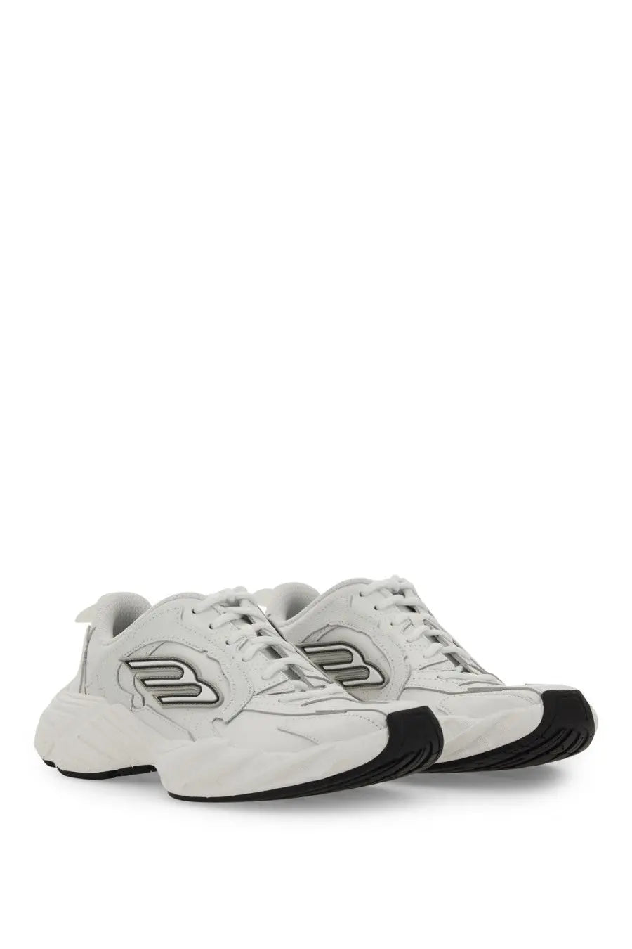 Balenciaga women’s sneaker Monday white with white leather, black accents, and bold stylized logo on the side