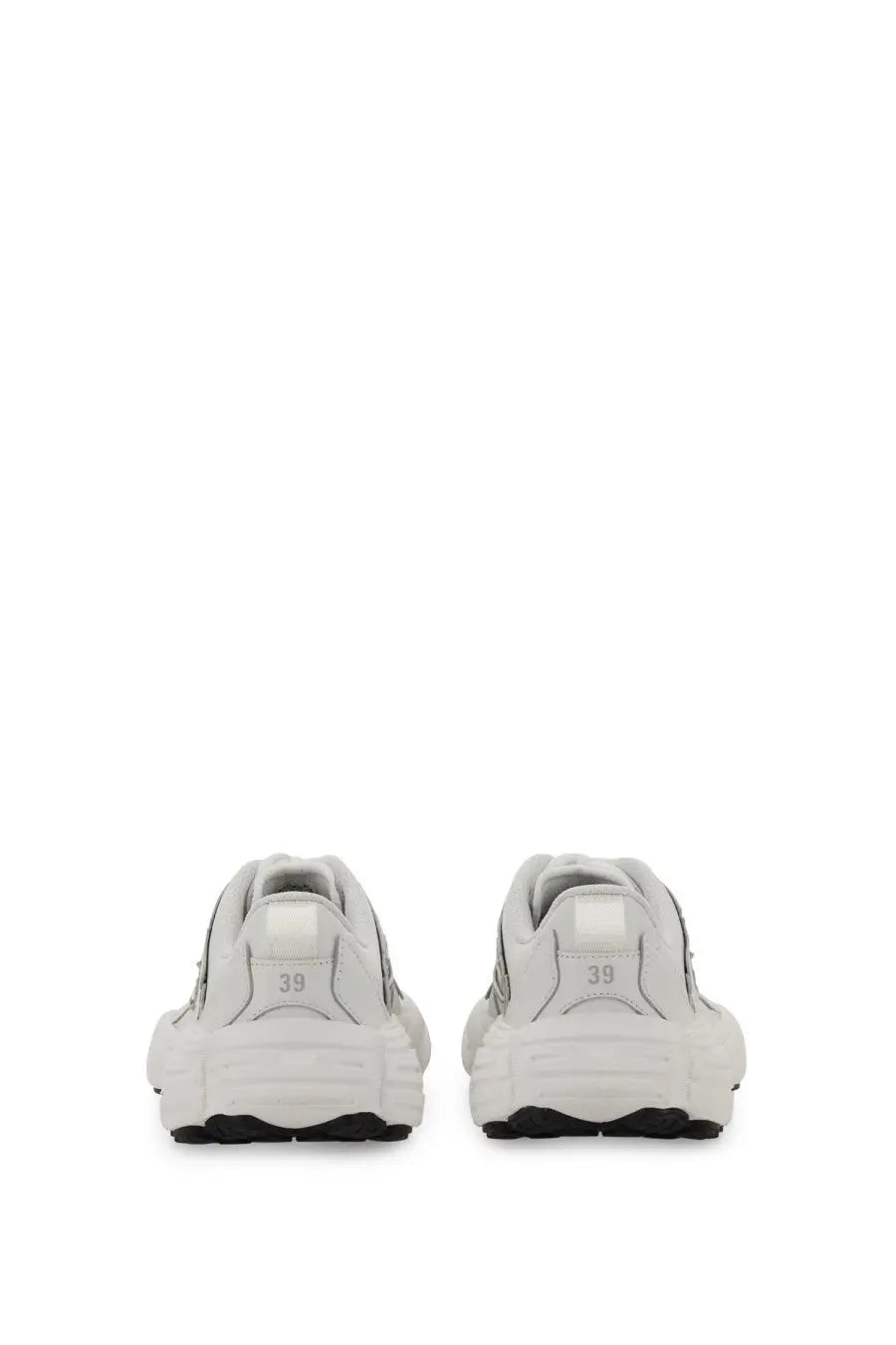 Balenciaga women’s sneaker monday white with white leather, black rubber soles, and gray stitching details visible from the back
