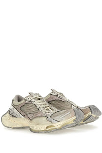 Balenciaga women’s stapler sneaker beige in distressed beige and gray with chunky sole and mesh upper