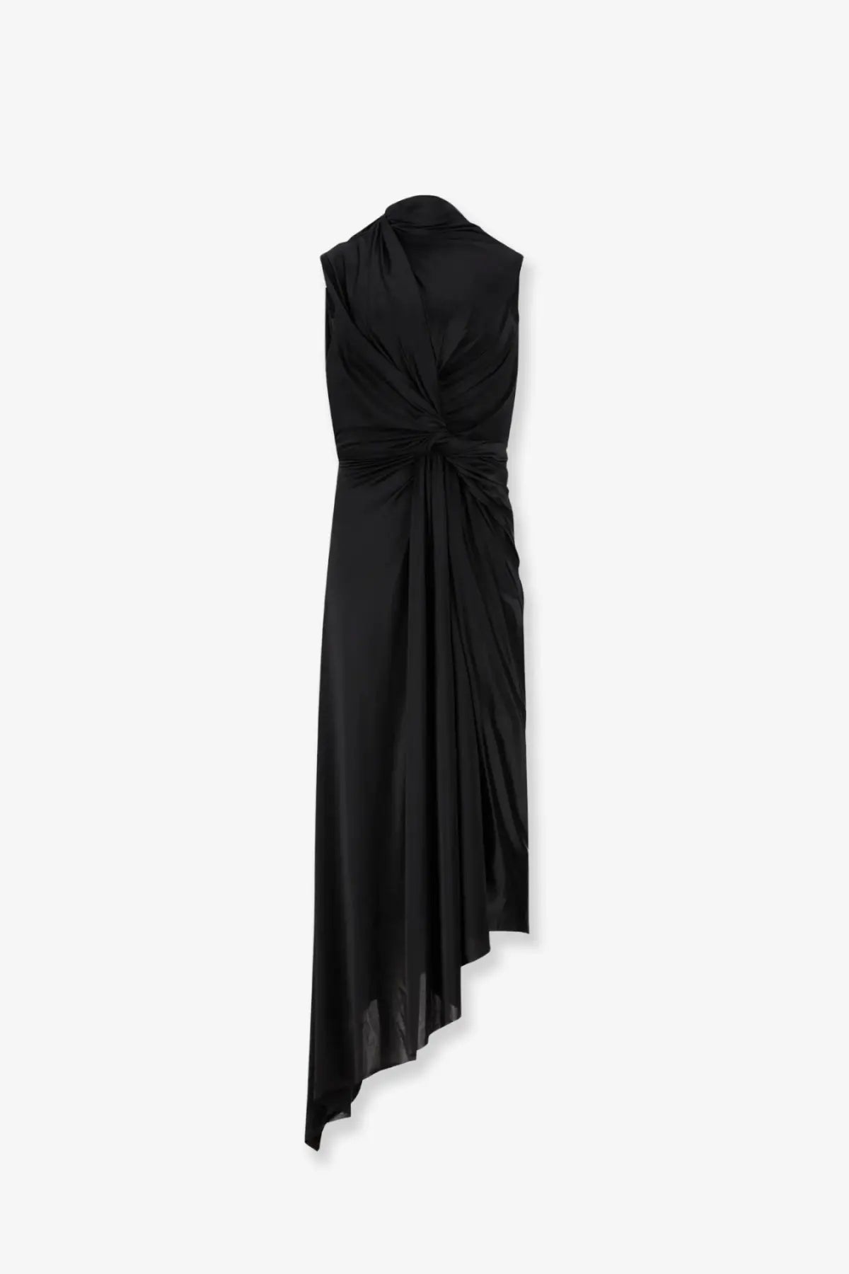 Balenciaga womens black satin sleeveless dress with twisted waist detail and draped asymmetrical hem