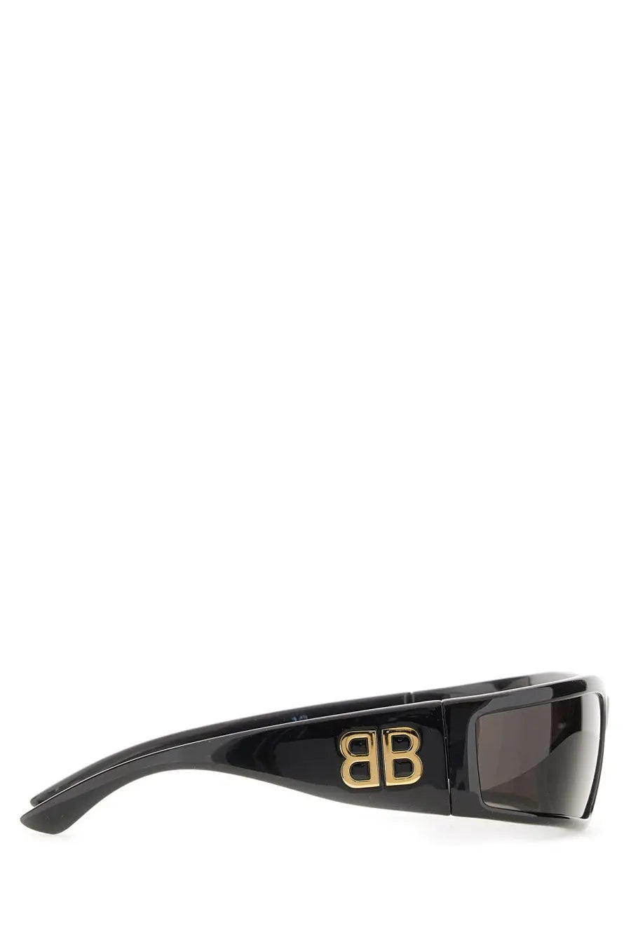 Balenciaga women’s sunset rectangle sunglasses in black with gold bb logo and dark tinted lenses