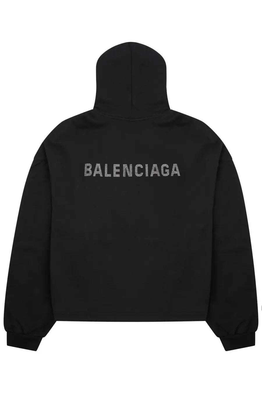 Balenciaga women’s black sweatshirt showing the back with a silver embroidered logo on a hoodie design