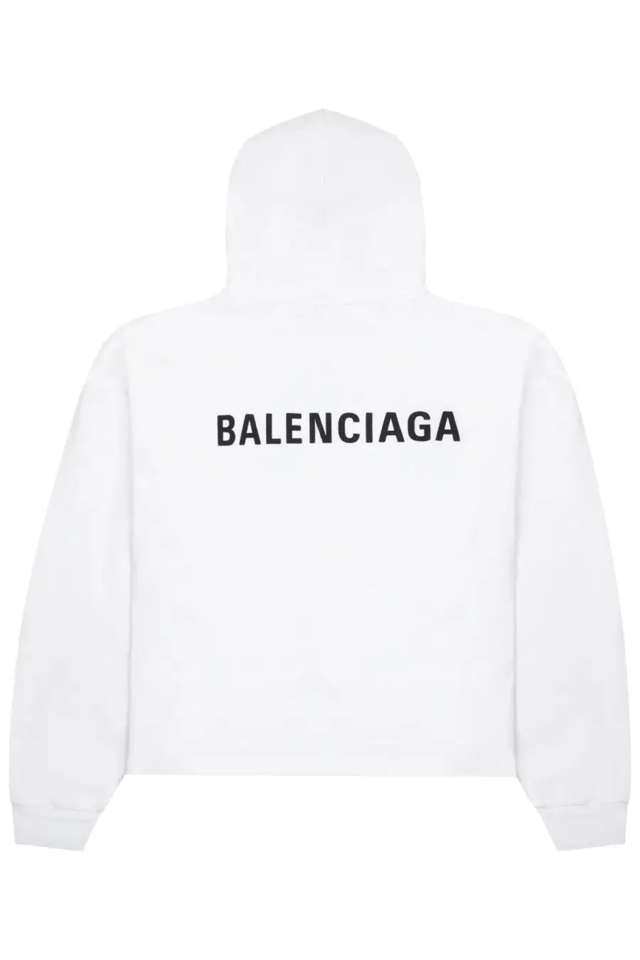 Balenciaga women’s white sweatshirt showing the back with bold black lettering across the hoodie