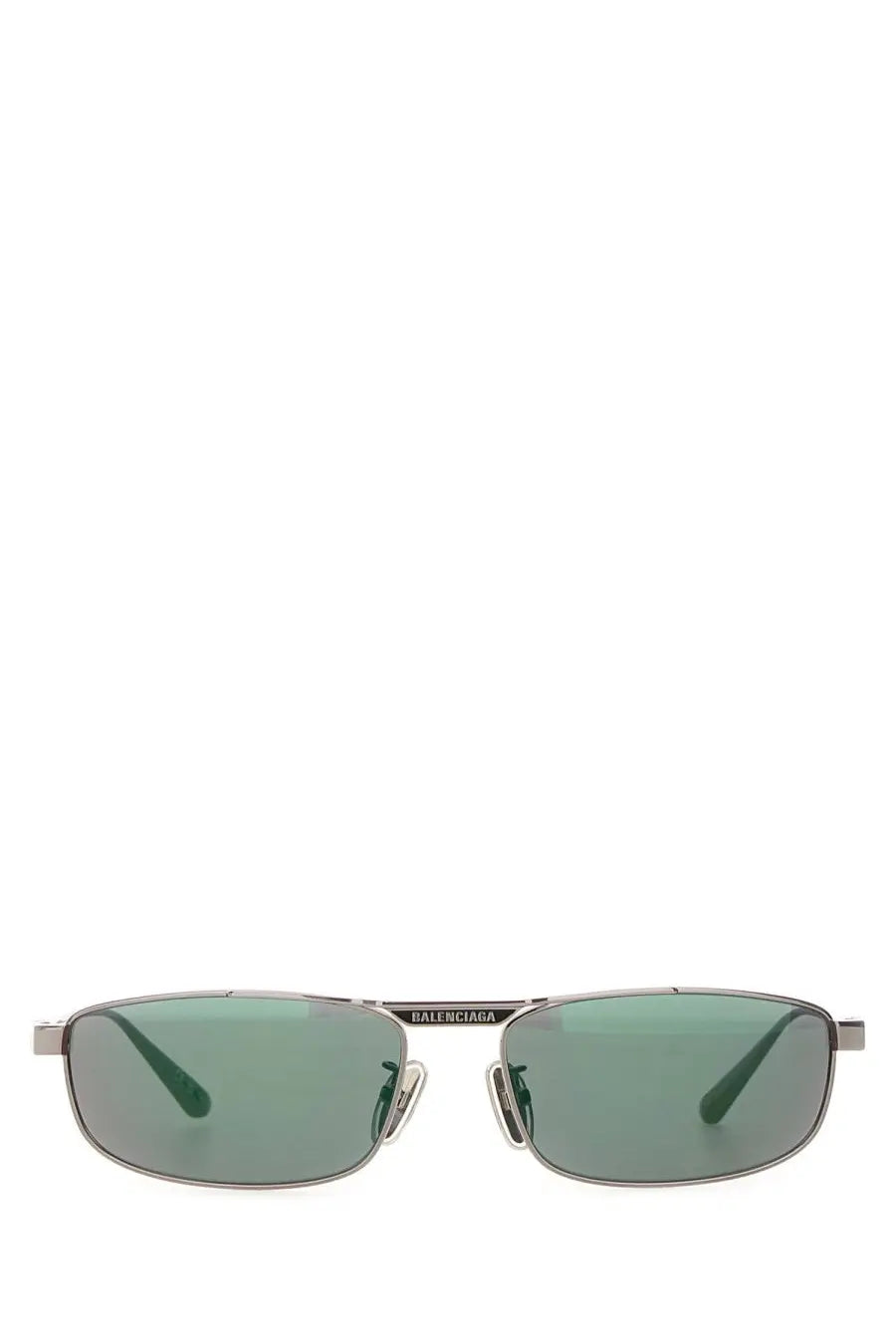 Balenciaga women’s tag rectangle sunglasses with silver frame and green-tinted lenses in a sleek minimalist design