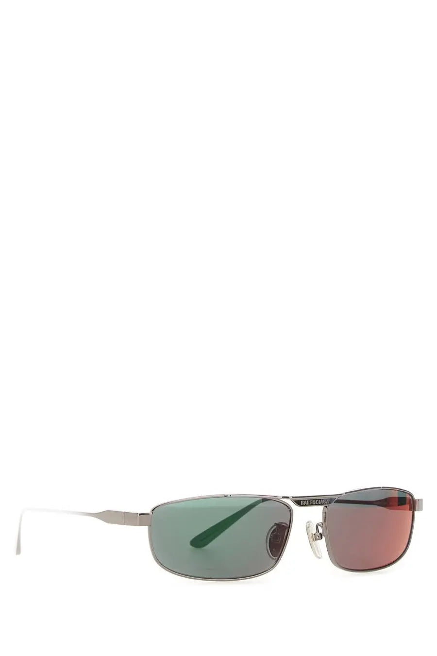 Balenciaga womens tag rectangle sunglasses grey with silver frame and gradient green red mirrored lenses and logo bridge