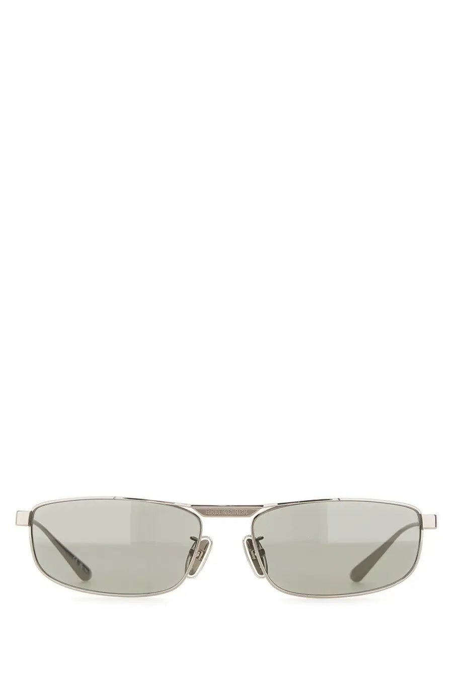 Balenciaga women’s tag rectangle sunglasses with silver frames and gray-tinted lenses