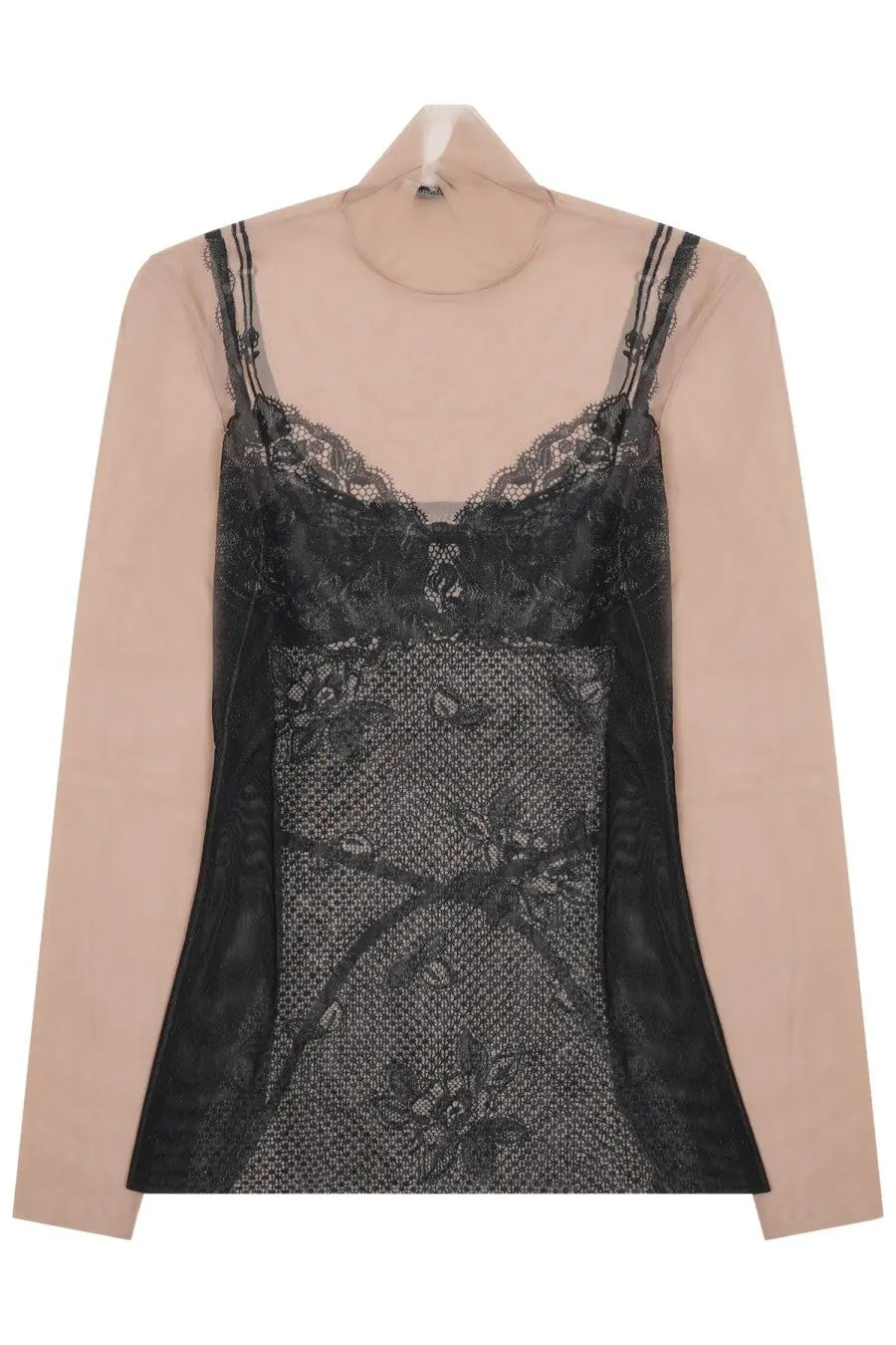 Balenciaga women’s black lace camisole with floral embroidery and sheer mesh panels worn over nude long-sleeved top