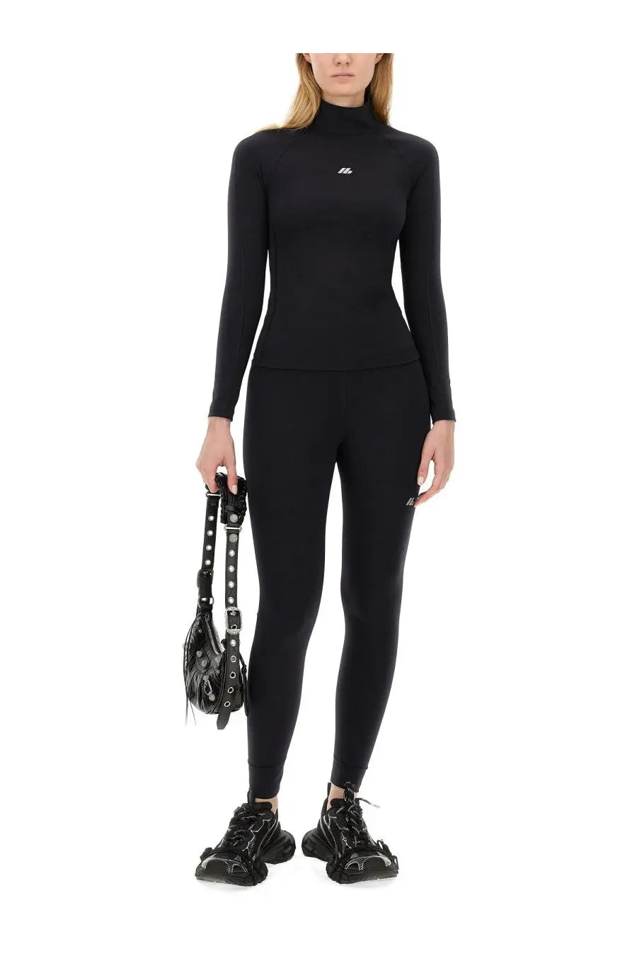 Black balenciaga women’s long-sleeve top with high neck and logo print, ideal for stylish casual wear