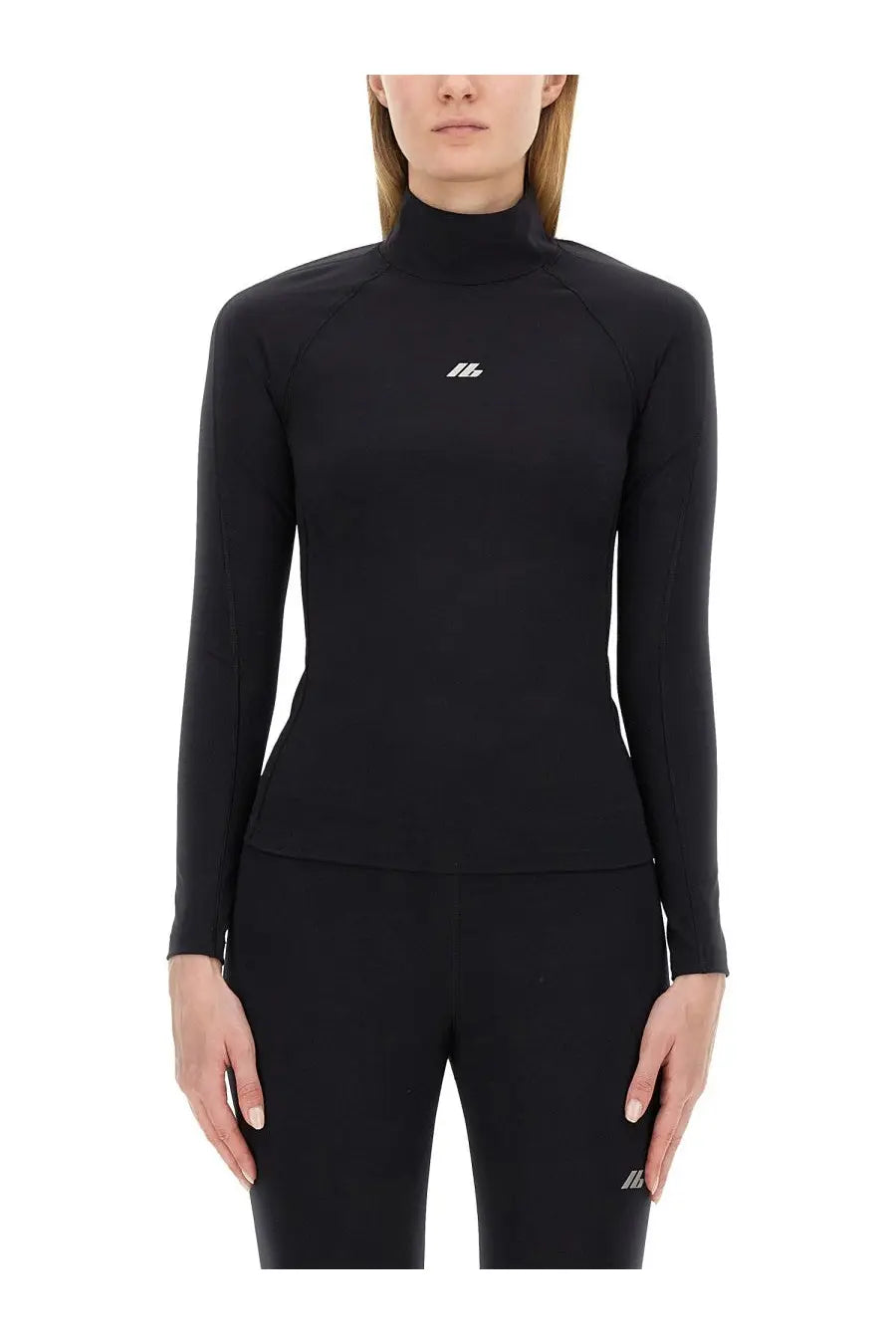 Balenciaga women’s black long-sleeved high-neck athletic top with subtle white chest logo for activewear