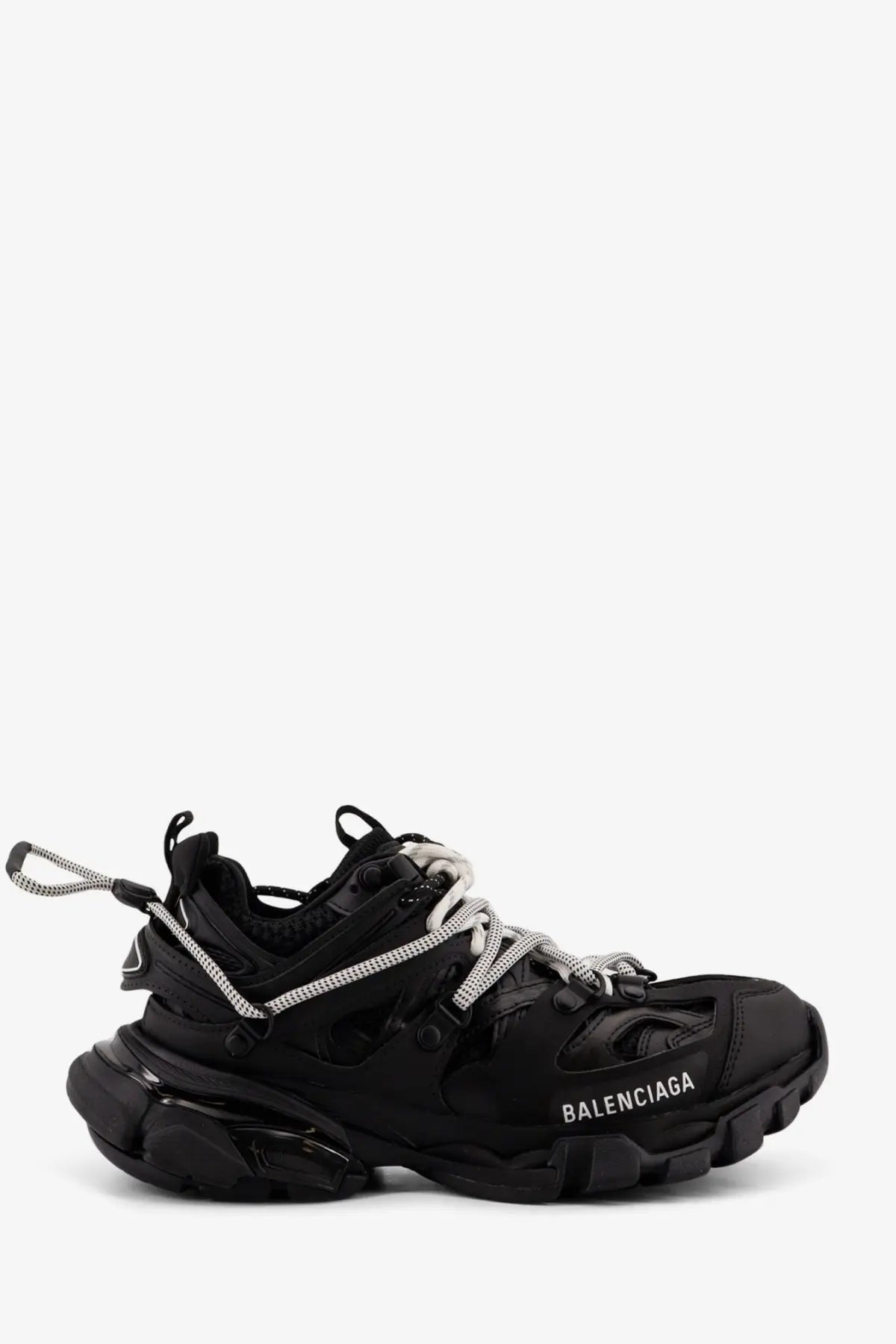 Balenciaga women’s track mesh sneakers in black with chunky rubber sole and silver laces