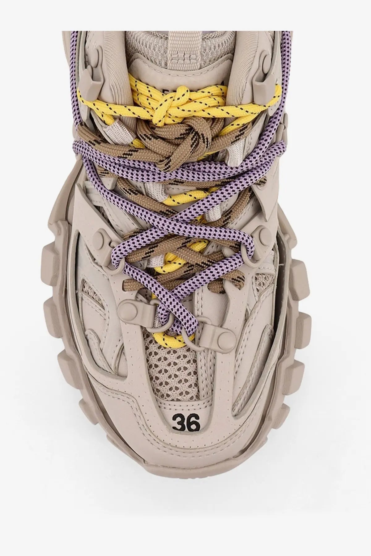 Beige Balenciaga women’s track mesh sneaker with chunky design, multicolor laces, and textured rugged sole