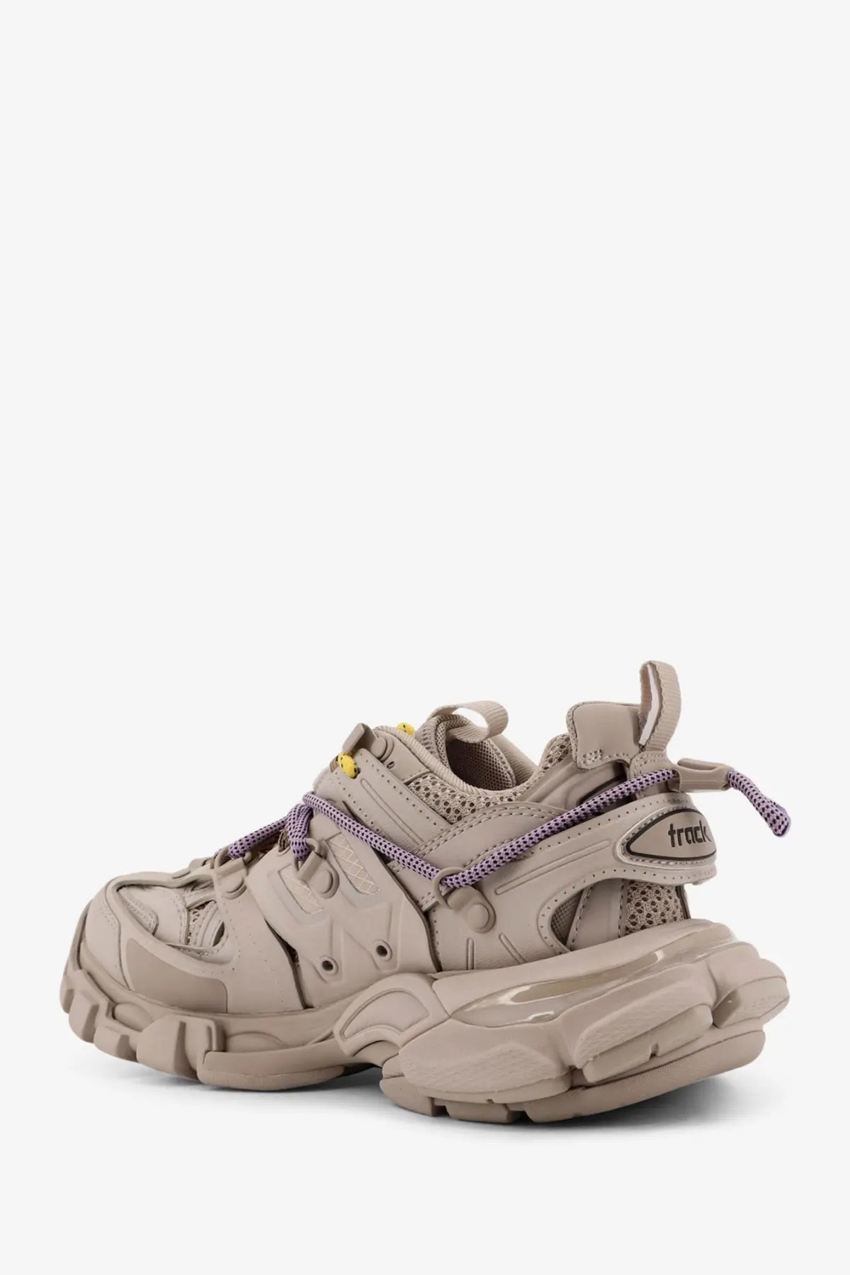 Balenciaga women’s track mesh sneakers in beige with purple laces yellow eyelets and thick rubber sole