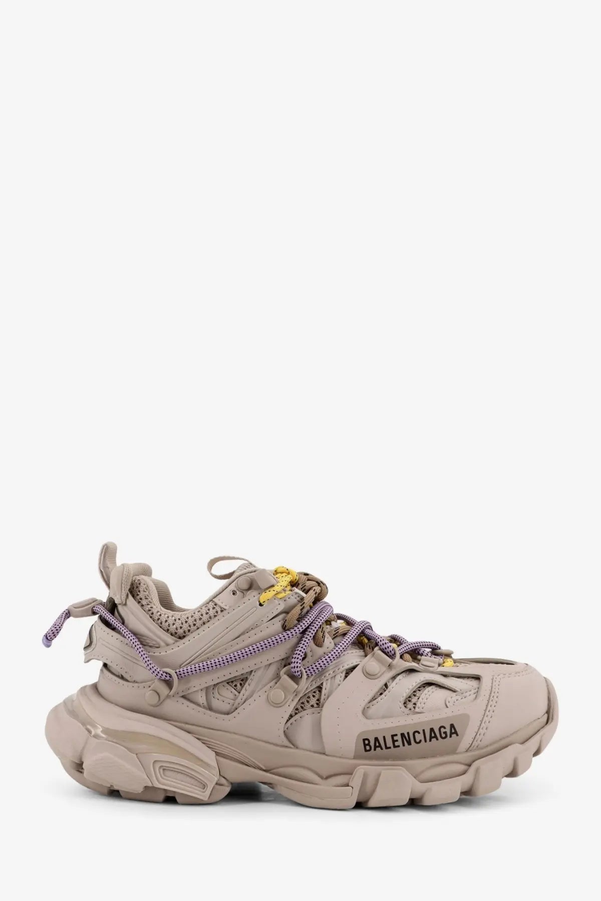 Beige Balenciaga women’s track mesh sneakers with purple laces and gold-tone eyelets multicolor design