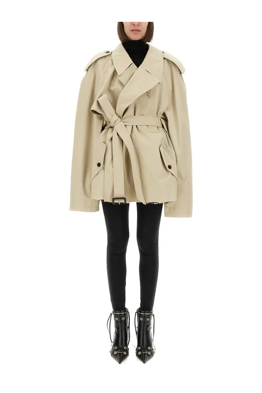 Balenciaga women’s trench beige cropped trench coat with belted waist and wide shoulder epaulets