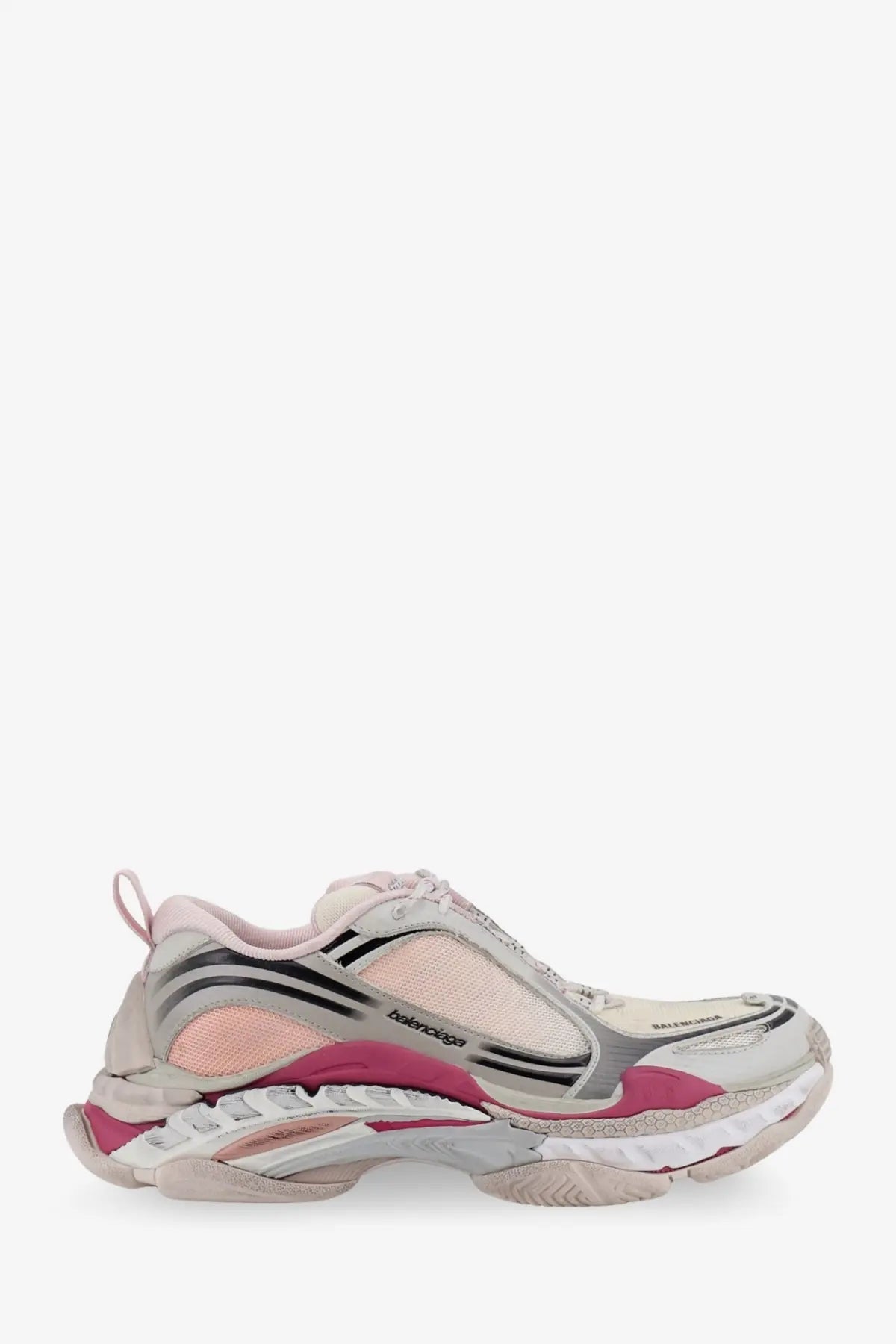 Balenciaga women’s triple s2 sneakers in mesh and nylon purple with pale pink, silver mesh, black accents, and magenta highlights