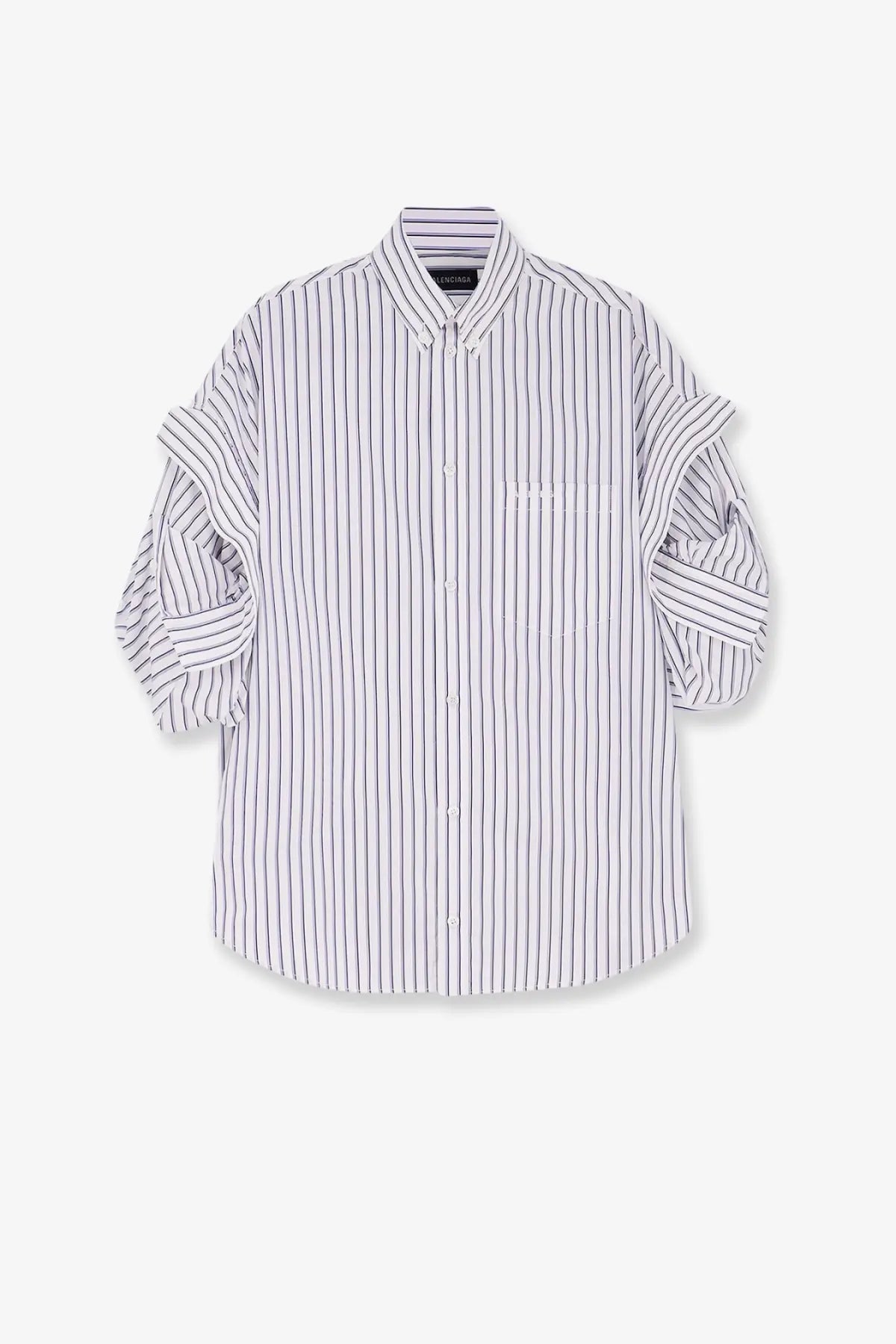 Balenciaga women’s white and black striped cotton button-up shirt with rolled sleeves and embroidered logo on chest pocket