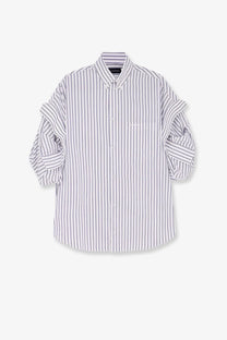 Balenciaga women’s white and black striped cotton button-up shirt with rolled sleeves and embroidered logo on chest pocket