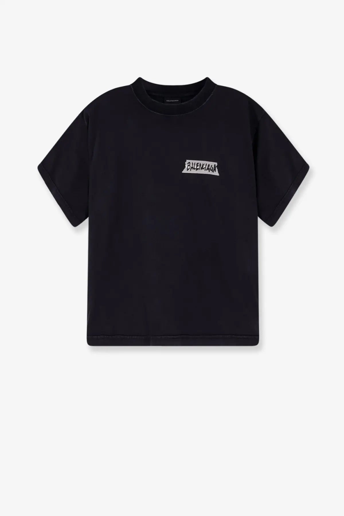 Balenciaga women’s used effect black cotton t-shirt with small white embroidered logo on the chest