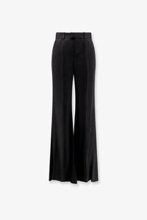 Balenciaga women’s viscose trousers black with high-waisted wide-leg design and sleek satin-like finish