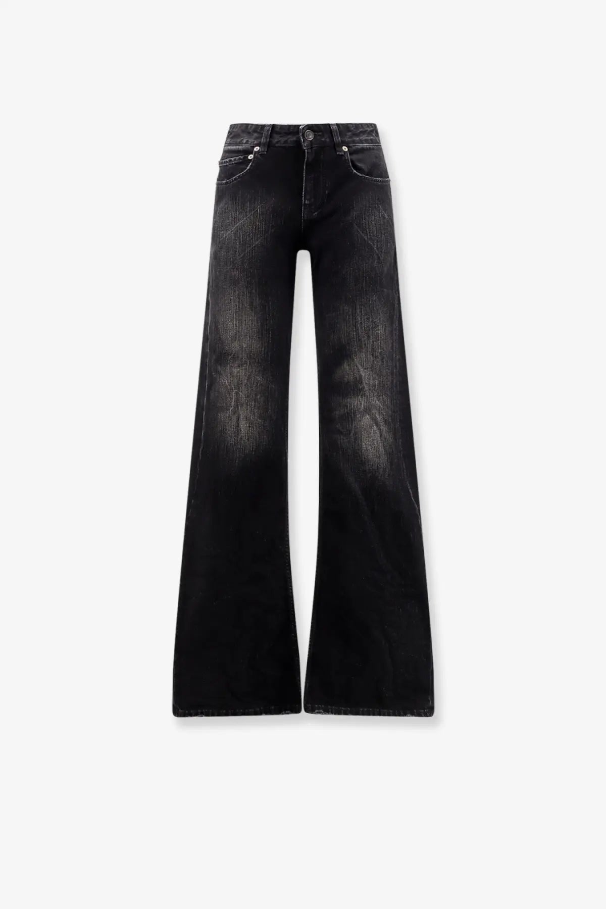Balenciaga women’s wide leg black denim trousers with faded distressed texture and classic five-pocket design