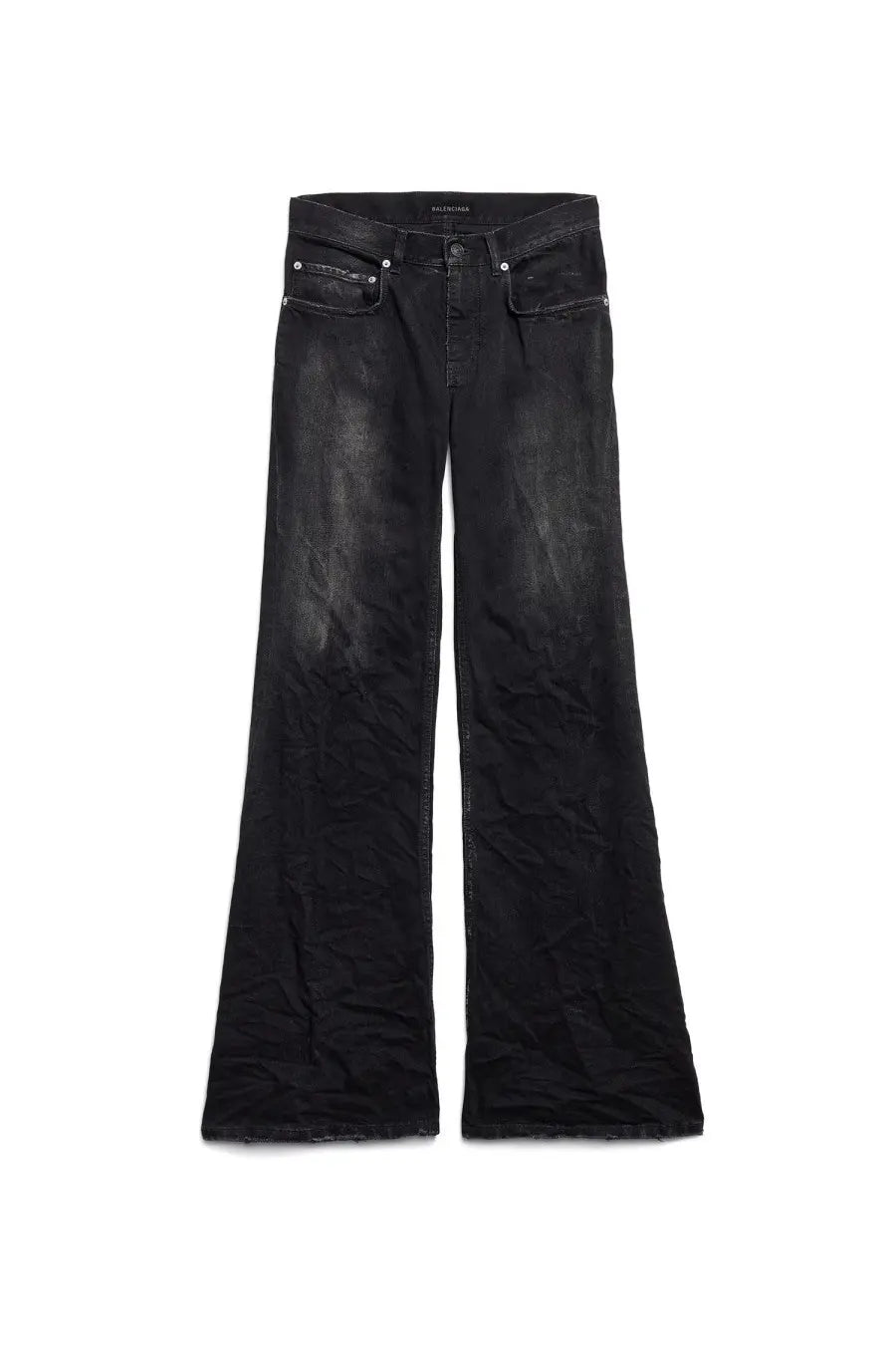 Balenciaga women’s wide leg black denim pants with distressed faded wash and frayed hems