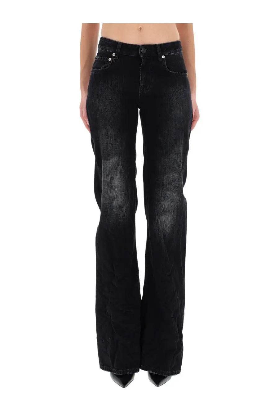 Balenciaga women’s black denim flare jeans with distressed detailing on the thighs and wide leg design