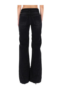 Balenciaga women’s black wide leg denim pants with a flared silhouette and classic back pockets shown from the back