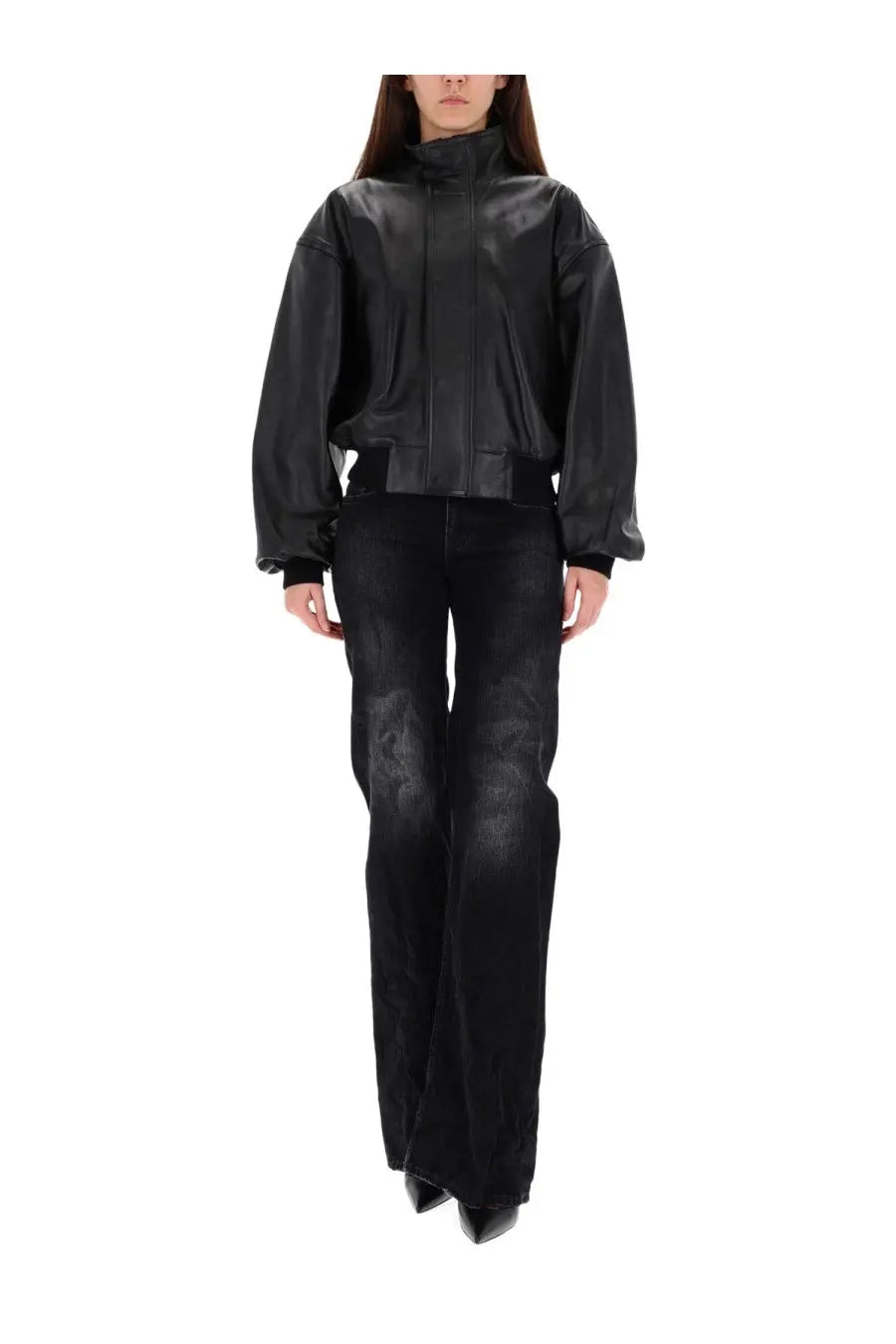 Black faux leather bomber jacket with high collar and relaxed fit shown from the back with balenciaga women’s wide leg pants