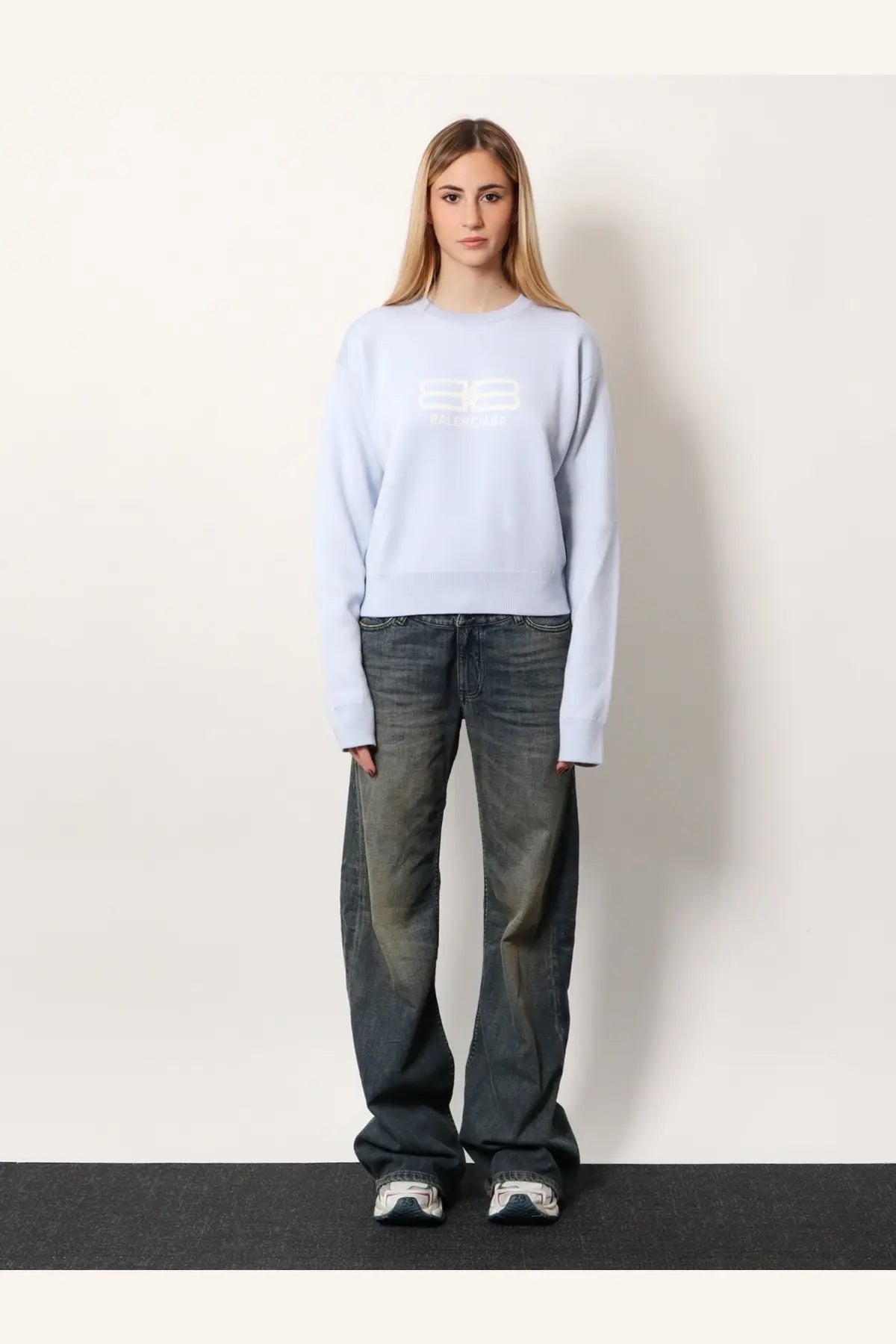 Balenciaga Women's Wool and Cotton Blend Sweater Blue, view 2