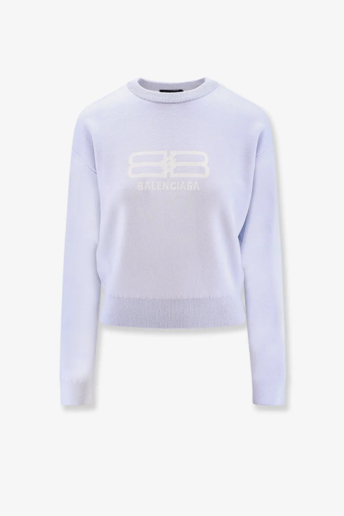 Balenciaga women’s pale lavender wool and cotton blend crewneck sweater with subtle raised logo on the chest