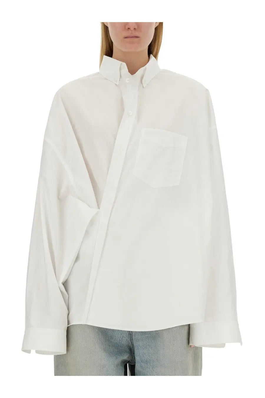 Balenciaga women’s white oversized button-down shirt with single chest pocket and asymmetrical front design