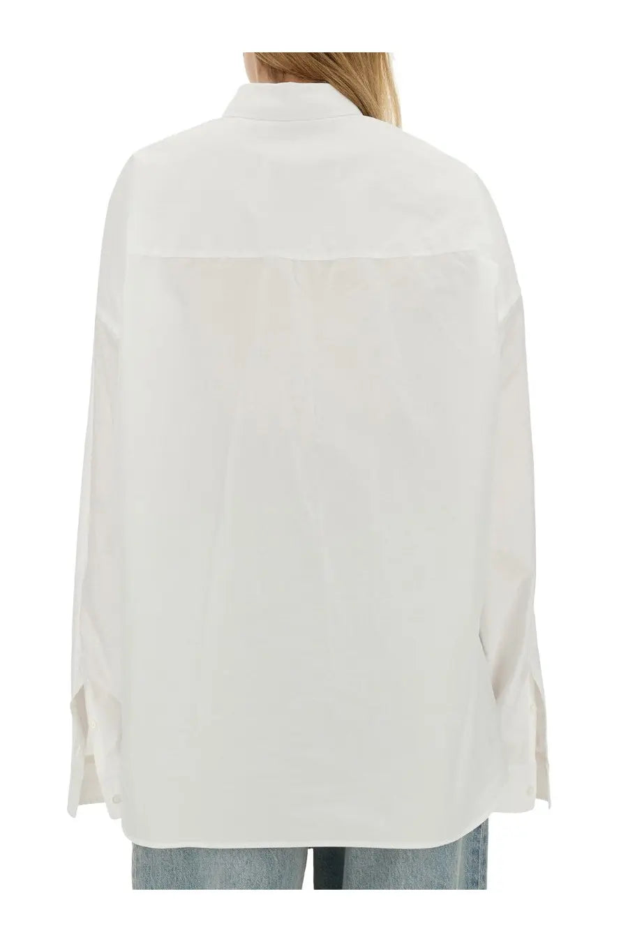 Balenciaga women’s white oversized button-up wrap shirt with relaxed fit and long sleeves in cotton fabric