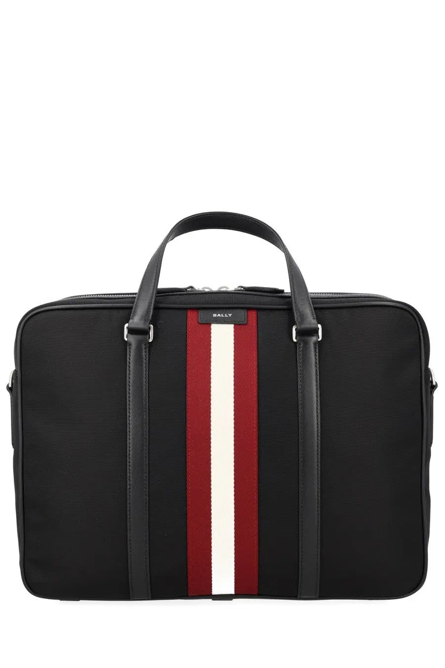 Bally men’s borsa code black leather briefcase with bold red and white vertical stripes and leather handles and trim