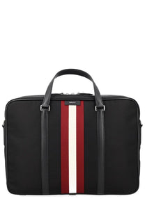 Bally men’s borsa code black leather briefcase with bold red and white vertical stripes and leather handles and trim