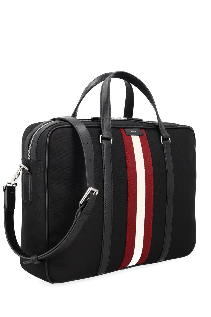 Bally men’s borsa code black briefcase with bold red and white vertical stripes leather handles and detachable shoulder strap