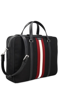 Bally men’s borsa code black briefcase with bold red and white vertical stripes leather handles and detachable shoulder strap