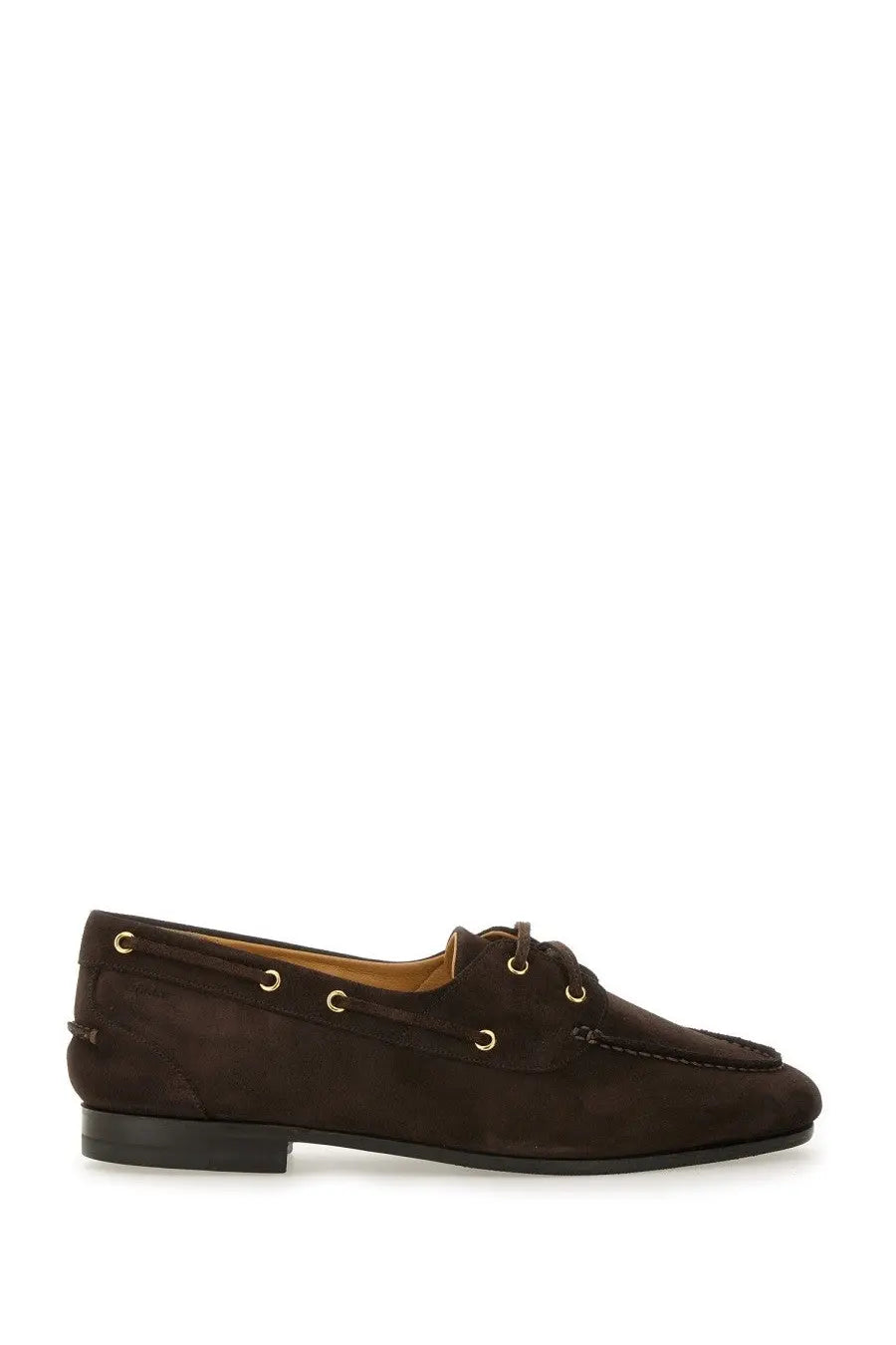 Bally men’s moccasin pathy brown suede boat shoe with gold toned eyelets and low heel