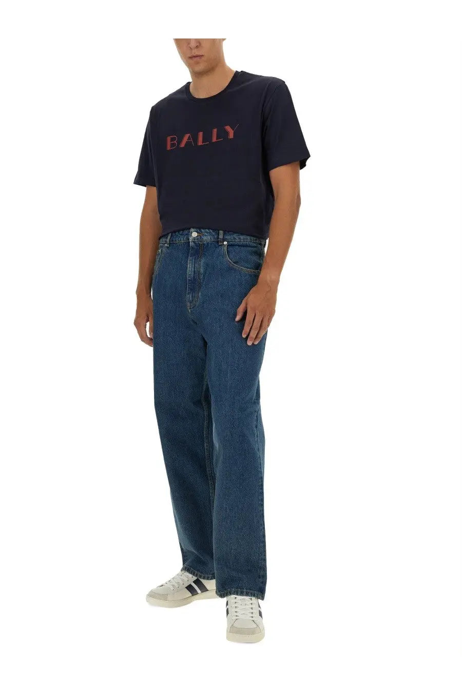 Navy blue Bally men’s t-shirt with red logo across the chest made from soft cotton for casual wear