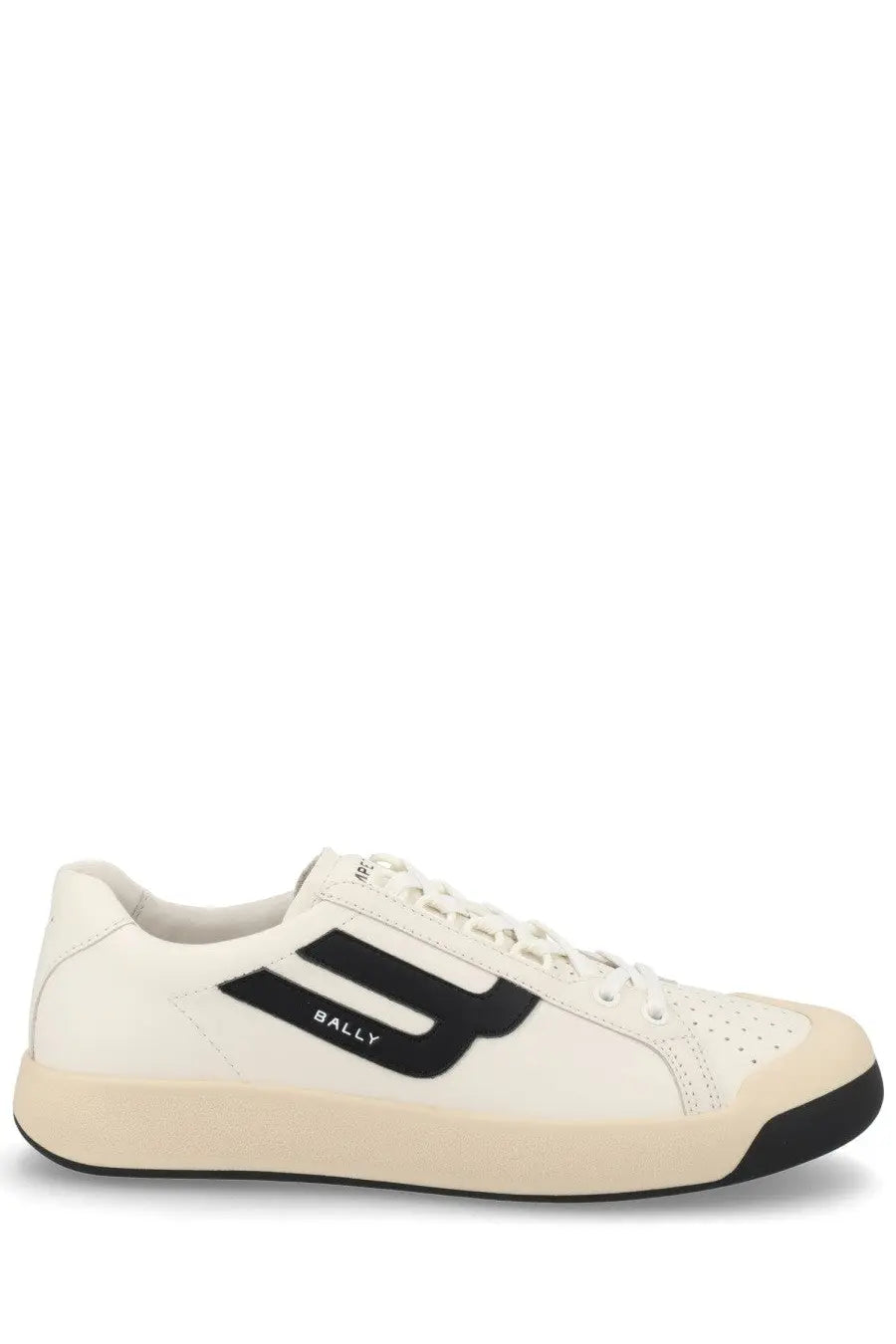 Bally men’s sneaker competition white with black logo stripes and beige rubber sole for casual wear