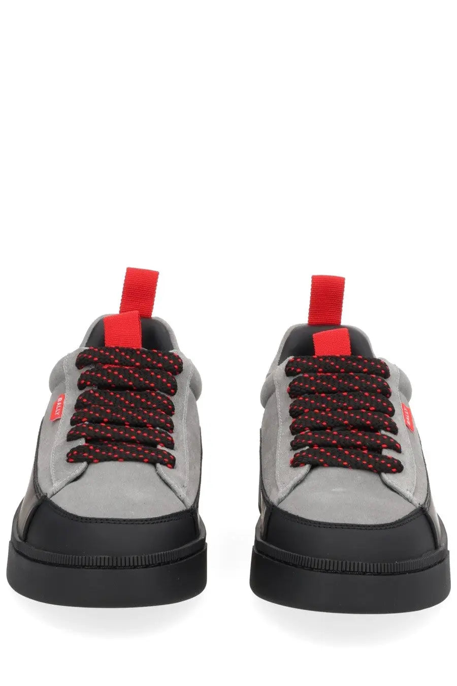 Bally men’s sneaker Rossy black low-top gray and black with red laces and bright red heel pull tabs back view