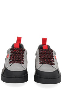 Bally men’s sneaker Rossy black low-top gray and black with red laces and bright red heel pull tabs back view