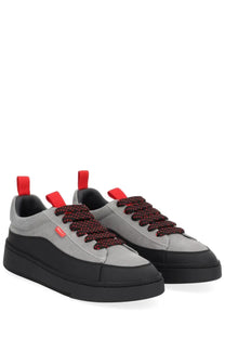 Bally men’s sneaker rossy black gray suede low-top with black soles red laces and red heel pull tabs back view