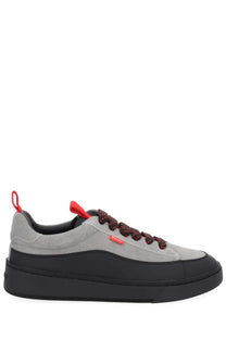 Bally men’s sneaker Rossy black in gray suede with black rubber sole red laces and orange brand tag on the side