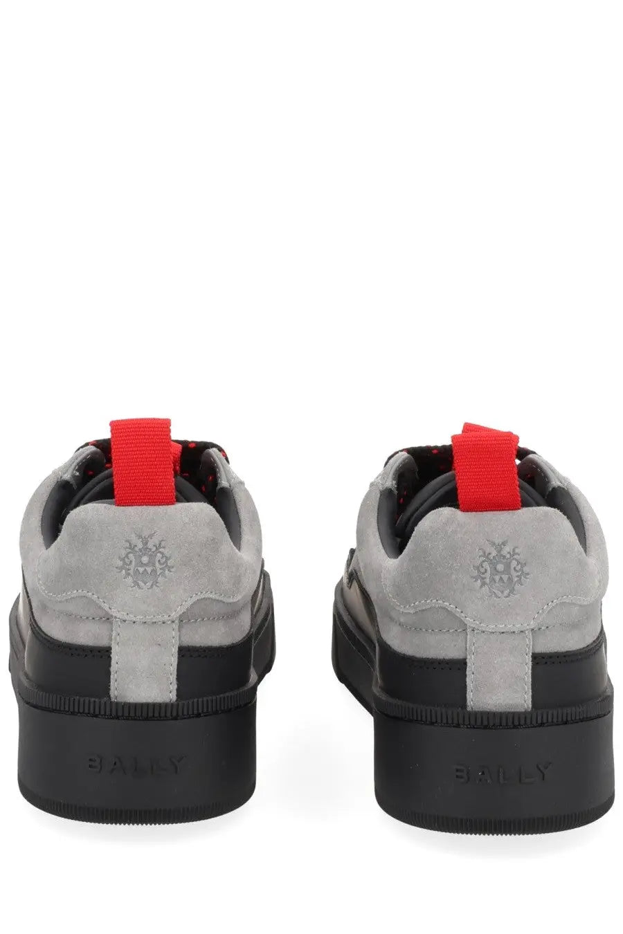 Back view of bally men’s sneaker rossy black in gray suede with black rubber platform and red pull tabs showing embroidered crest