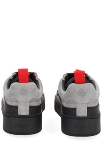 Back view of bally men’s sneaker rossy black in gray suede with black rubber platform and red pull tabs showing embroidered crest