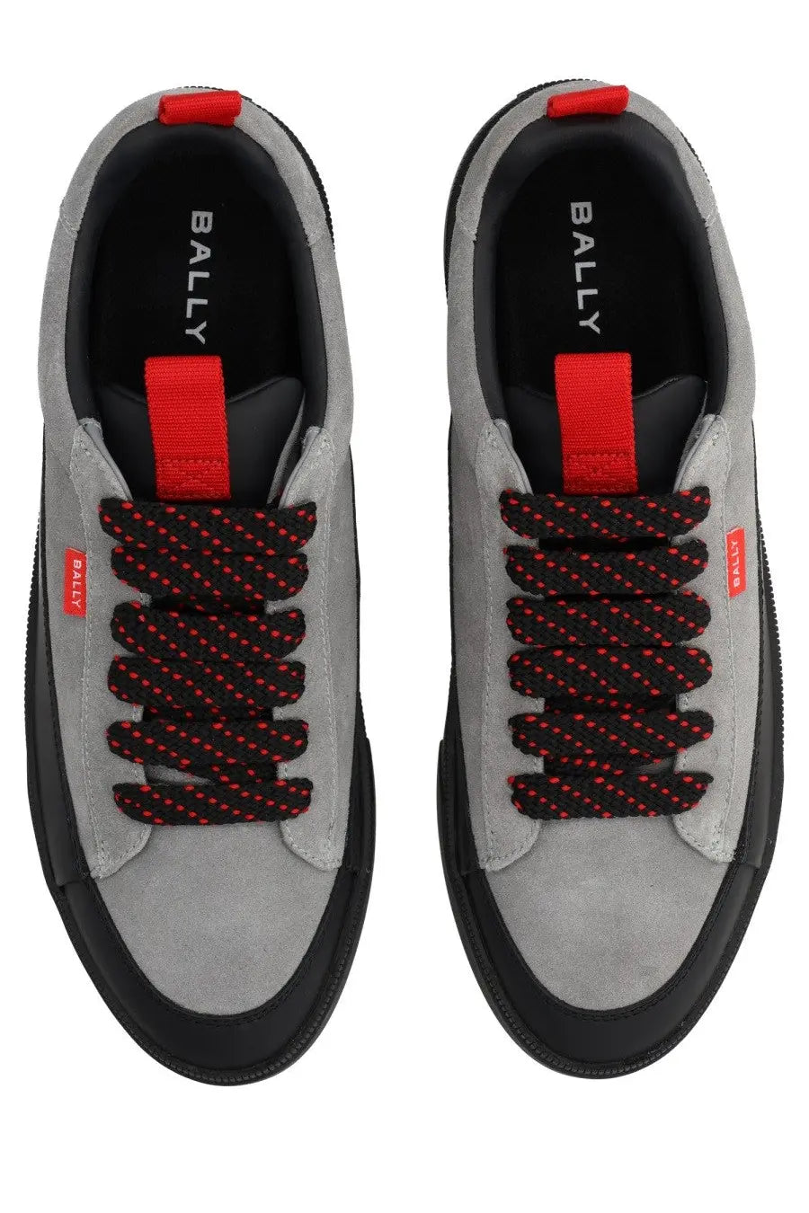 Bally men sneaker rossy black gray suede with black rubber soles and red laces accented by small dots