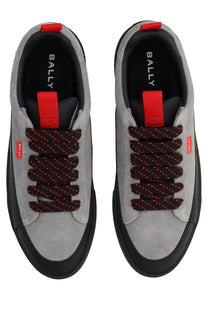 Bally men sneaker rossy black gray suede with black rubber soles and red laces accented by small dots