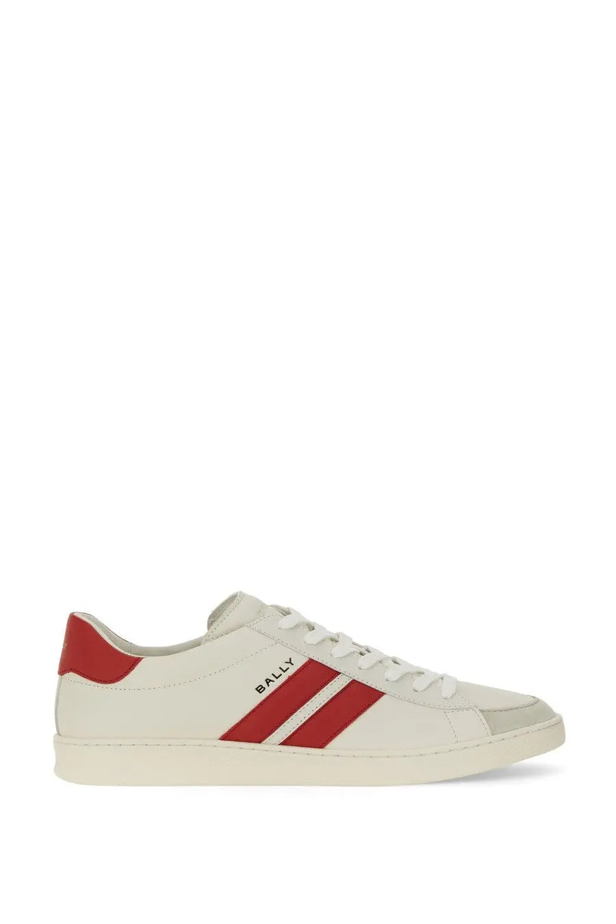 Bally men’s Tyger sneaker white leather with bold red stripes and matching heel tab visible from the back side